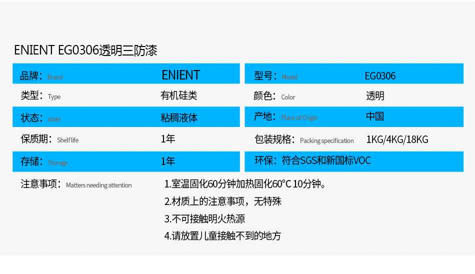 EG0306透明披覆膠注意事項(xiàng)： 1.室溫固化60分鐘加熱固化60℃10分鐘。 2.材質(zhì)上的注意事項(xiàng)，例如不可用于哪些材質(zhì) 3.不可接觸明火熱源 4.請(qǐng)放置兒童接觸不到的地方